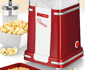 Popcorn ohne Reue, denn der neue Popcornmaker Classic von Unold braucht kein Öl für die Zubereitung