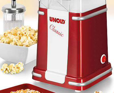 Popcorn ohne Reue, denn der neue Popcornmaker Classic von Unold braucht kein Öl für die Zubereitung