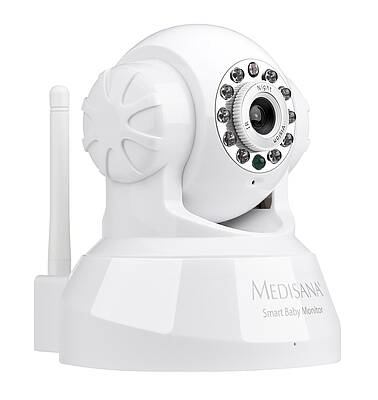 Die neue Medisana Babykamera lässt sich flexibel im Haus positionieren und überträgt die aufgenommenen Bilder via Lan und WLAN direkt an iPhone, iPad, den iPod touch, sowie Mac oder PC