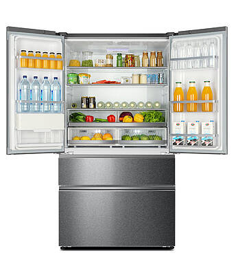 Viel Platz bietet der neue French-Door-Kühlschrank von Haier mit 685 Liter Nutzinhalt und vielen technischen Raffinessen